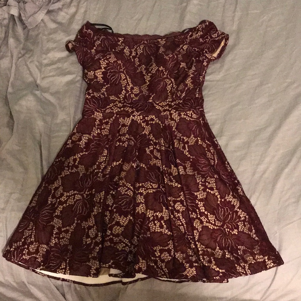 maroon lace short off the shoulder dress.